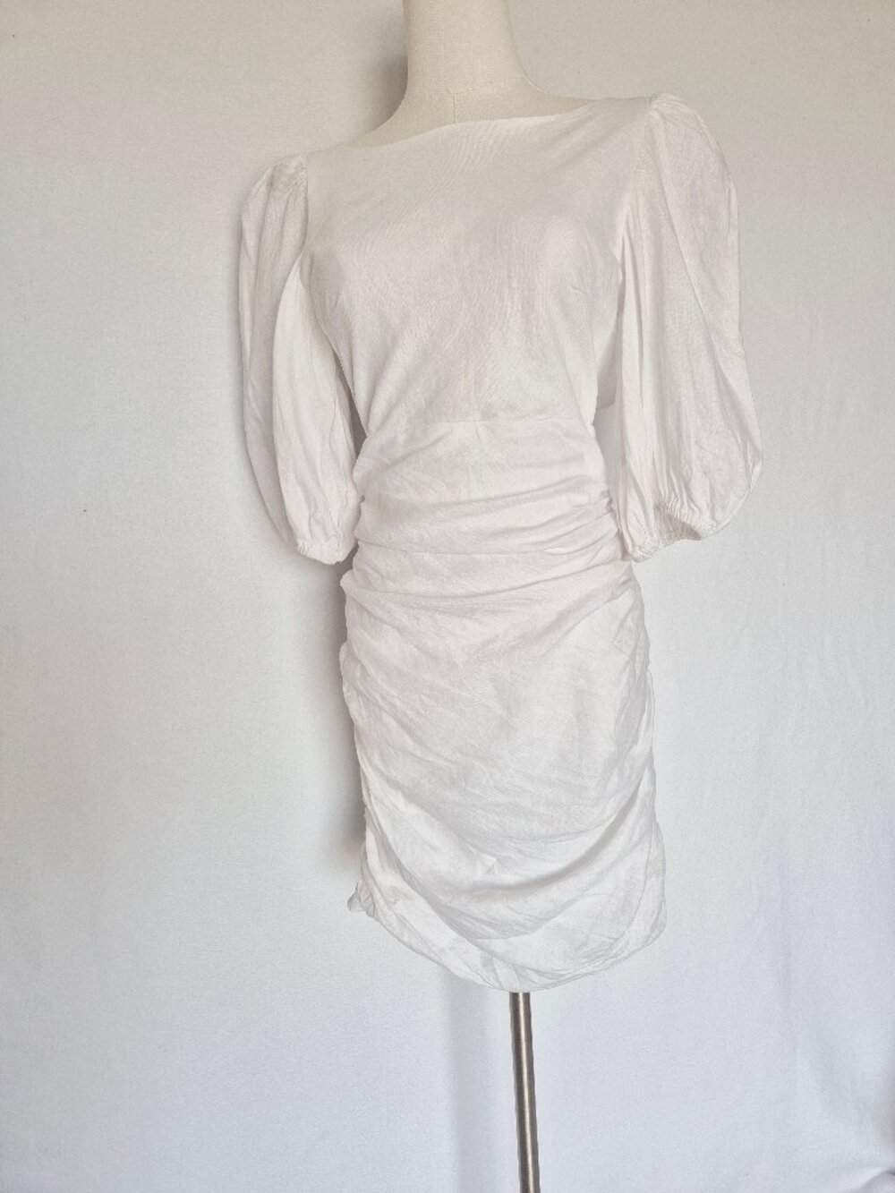Showpo. 100% Linen Puff Sleeves Ruched Sexy Open Back Mini Dress White - Picture 4 of 16